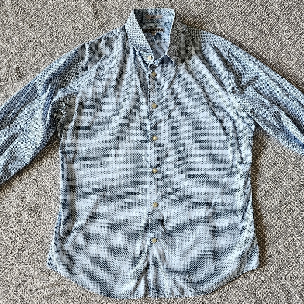 Express Men's Blue Pattern Button Down Fitted Cas… - image 3